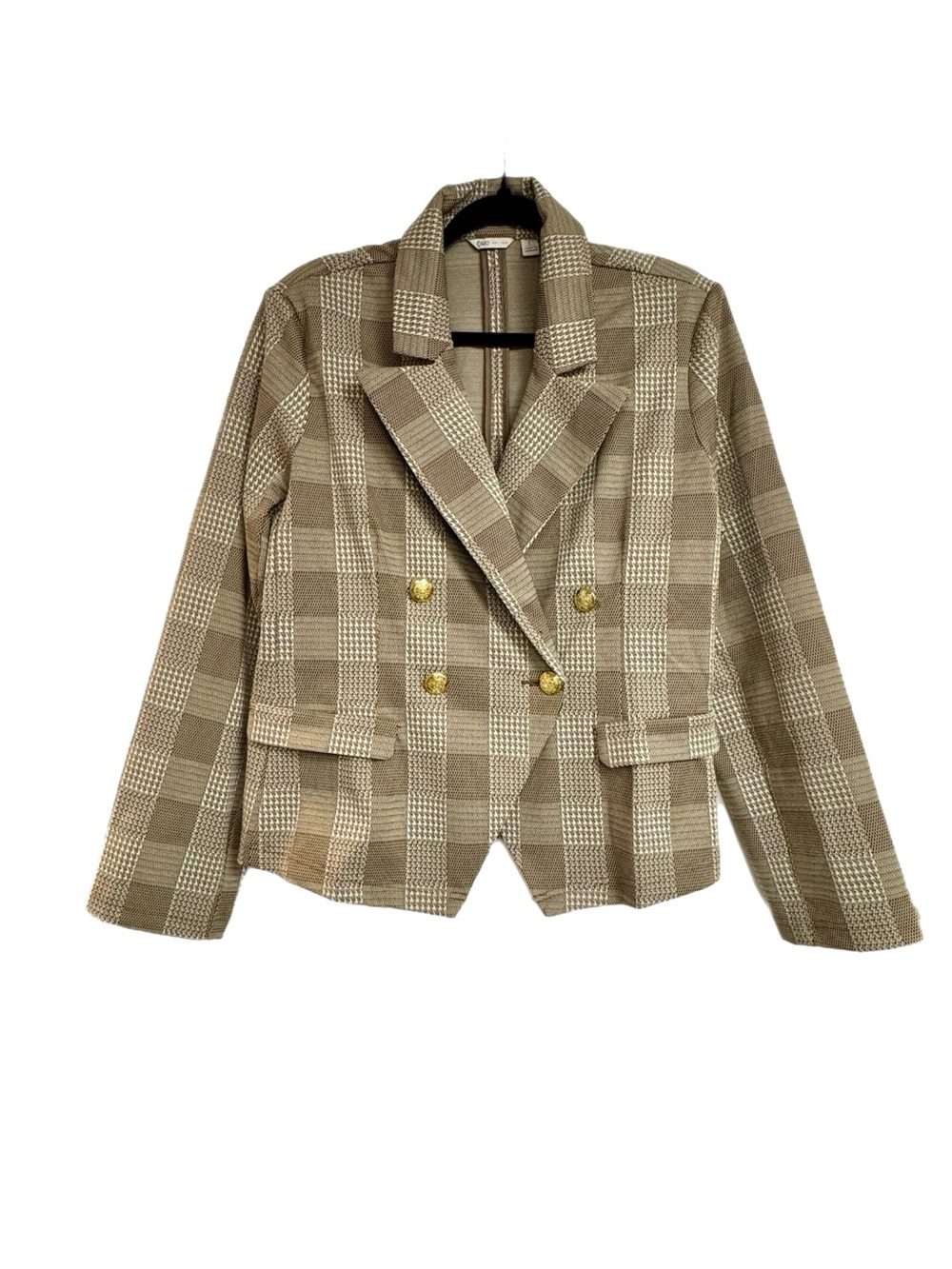 Cato Beige Plaid Double-Breasted Blazer with Gold Buttons